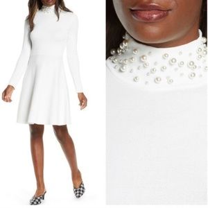 ELIZA J Jeweled Pearl Mock Neck Fit & Flare Knit Sweater Dress in Ivory
